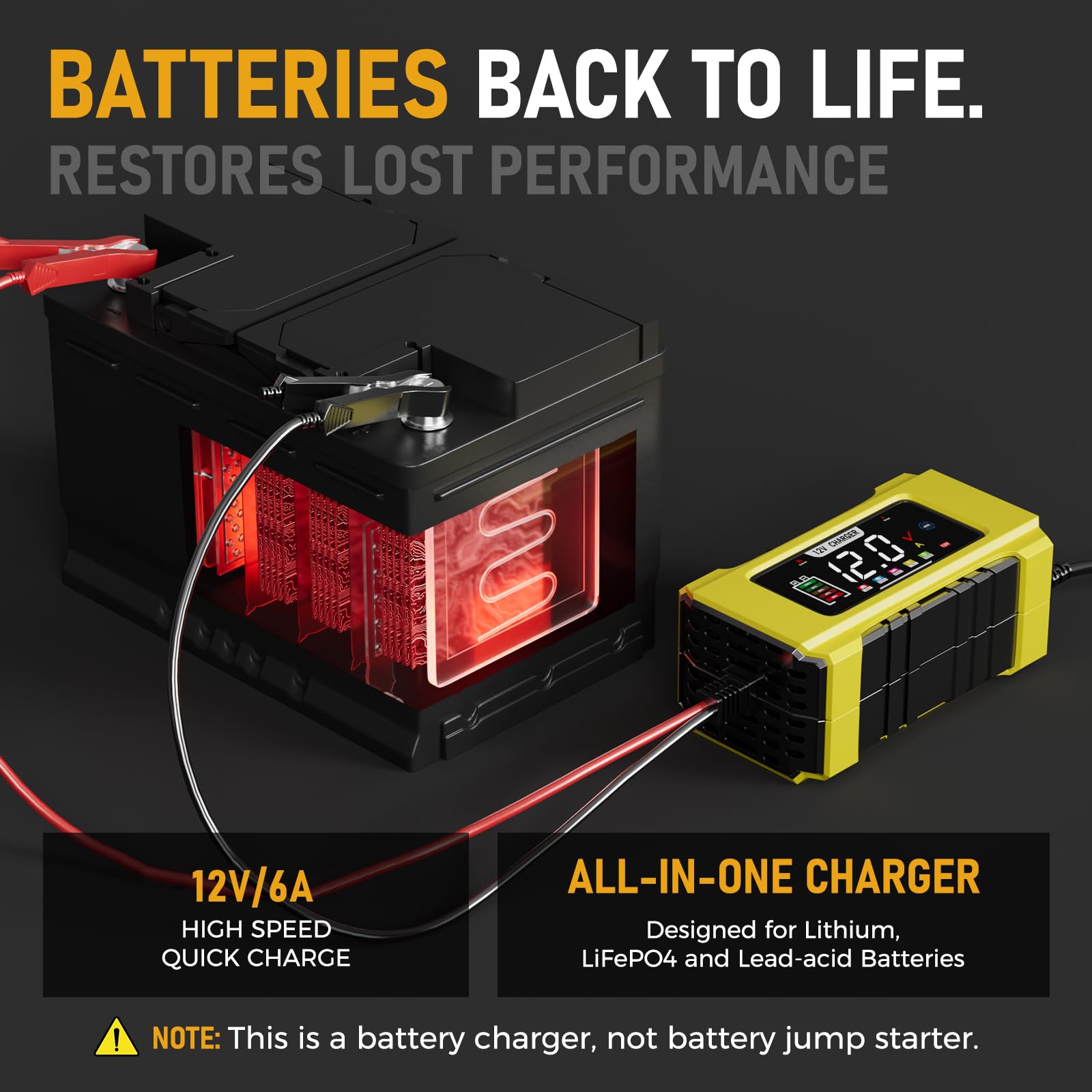 Caricabatteria automatico per auto – 12 V 0-6 A regolabile Smart Trickle Charger con riparazione della batteria, desolfazione automatica, funzioni di compensazione della temperatura, adatto per AGM