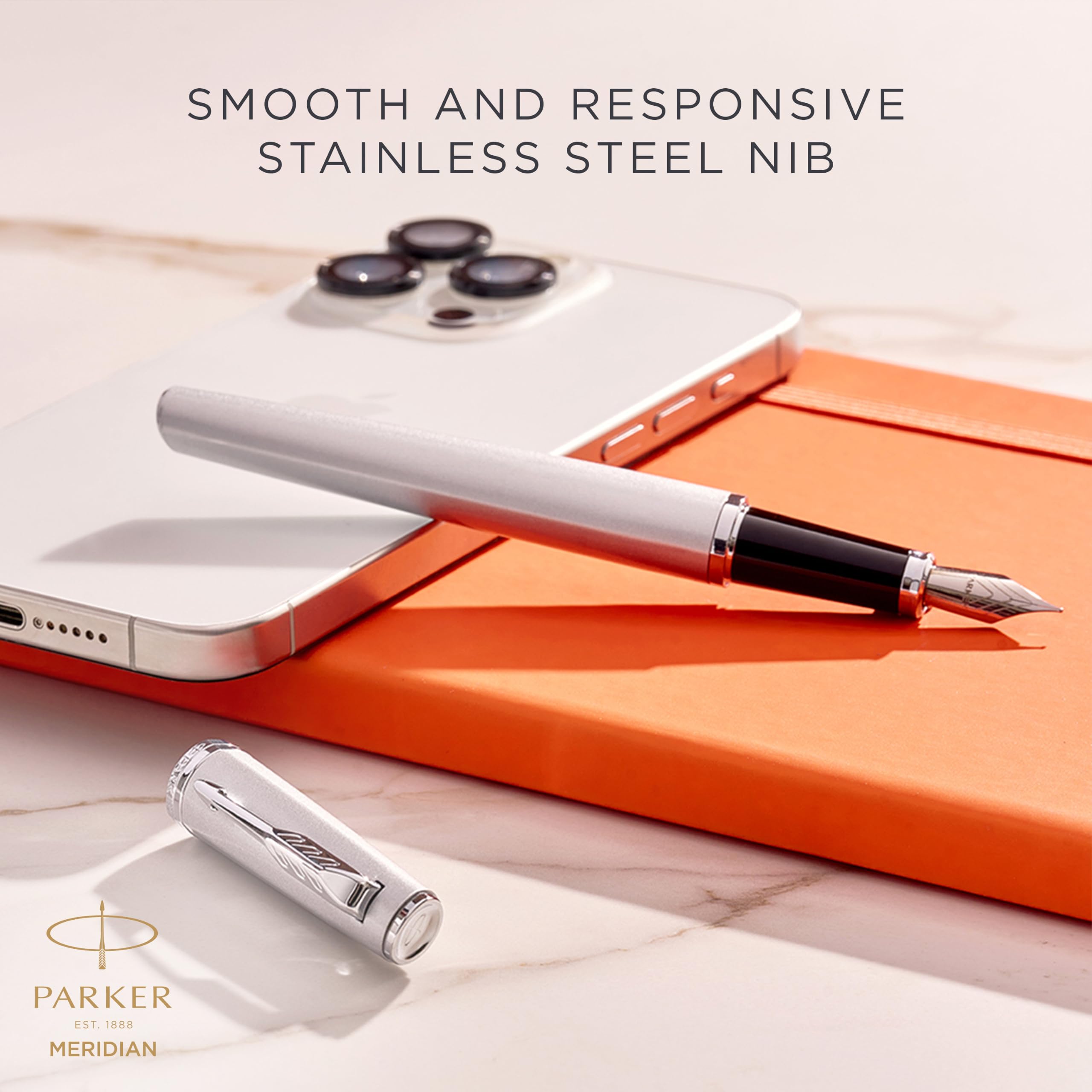 Parker Meridian Stylo plume | Laque chromée avec garnitures chromées | Plume moyenne | Stylos pour l'écriture et Fournitures de papeterie | Encre bleue | Boîte cadeau de luxe