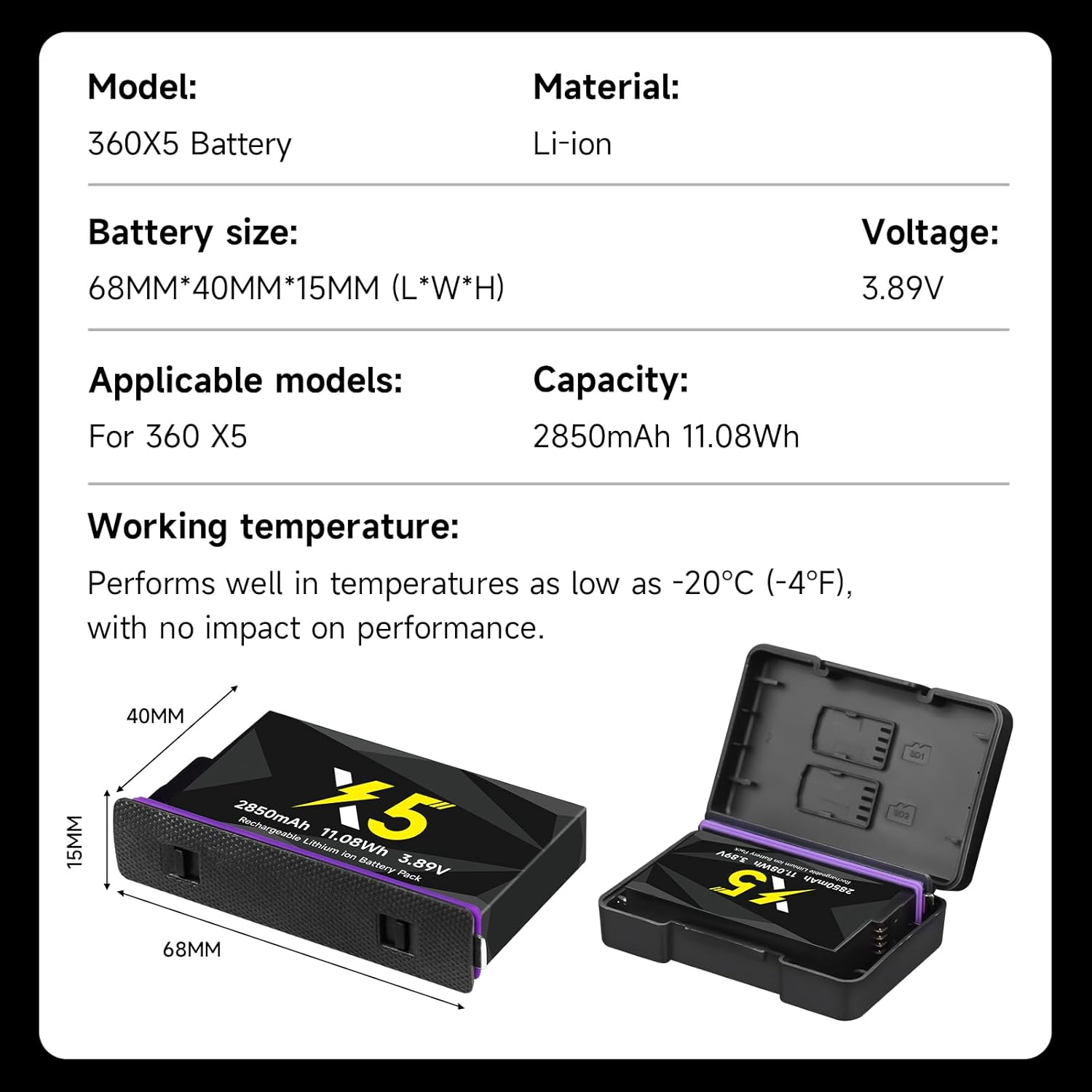 3 Pack 360 X5 Battery, 2850mAh Upgraded Capacity Rechargeable Lithium Battery Replacememnt Compatible with Insta360 X5 Action Camera Accessory - Storage Case Included