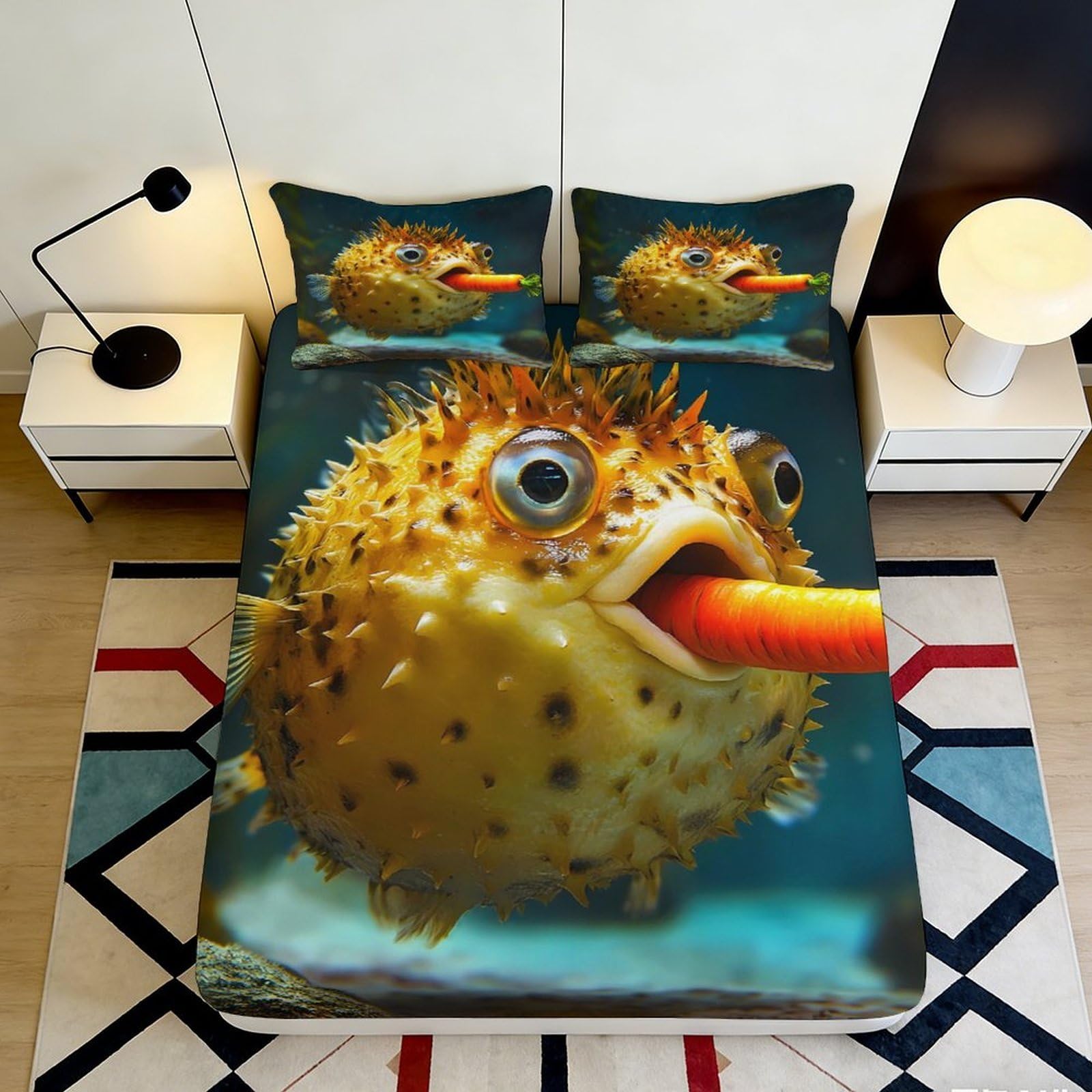 Uxinyoume Style-7 3D Printed Funny Puffer Fish Fitted Sheet Microfiber Soft Breathable Cartoon Ocean Bed Cover For Bedroom Dorm Decor 90X200x25cm