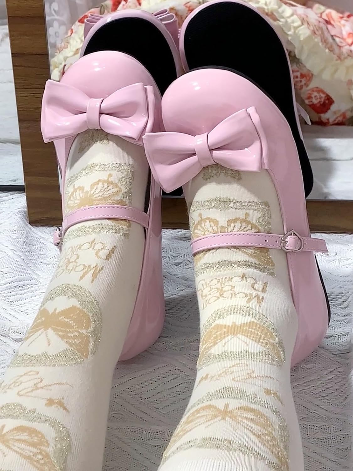 BEROBELLO Women's Lolita Shoes Cute Mary Jane Flats Bowknot Round Toe Party Dress Shoes