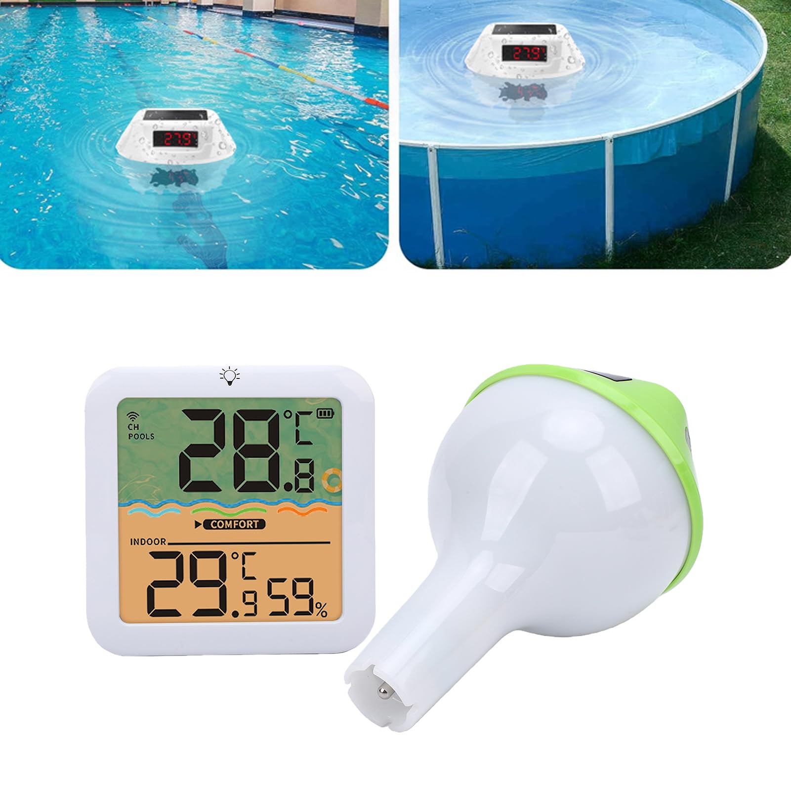PUSOKEI Solares Digitales Poolthermometer mit Seil, Schwimmendes Kabelloses Poolthermometer mit RGB-Umgebungsbeleuchtung, Extra Großes Display mit Hintergrundbeleuchtung für Einfaches (GREEN)