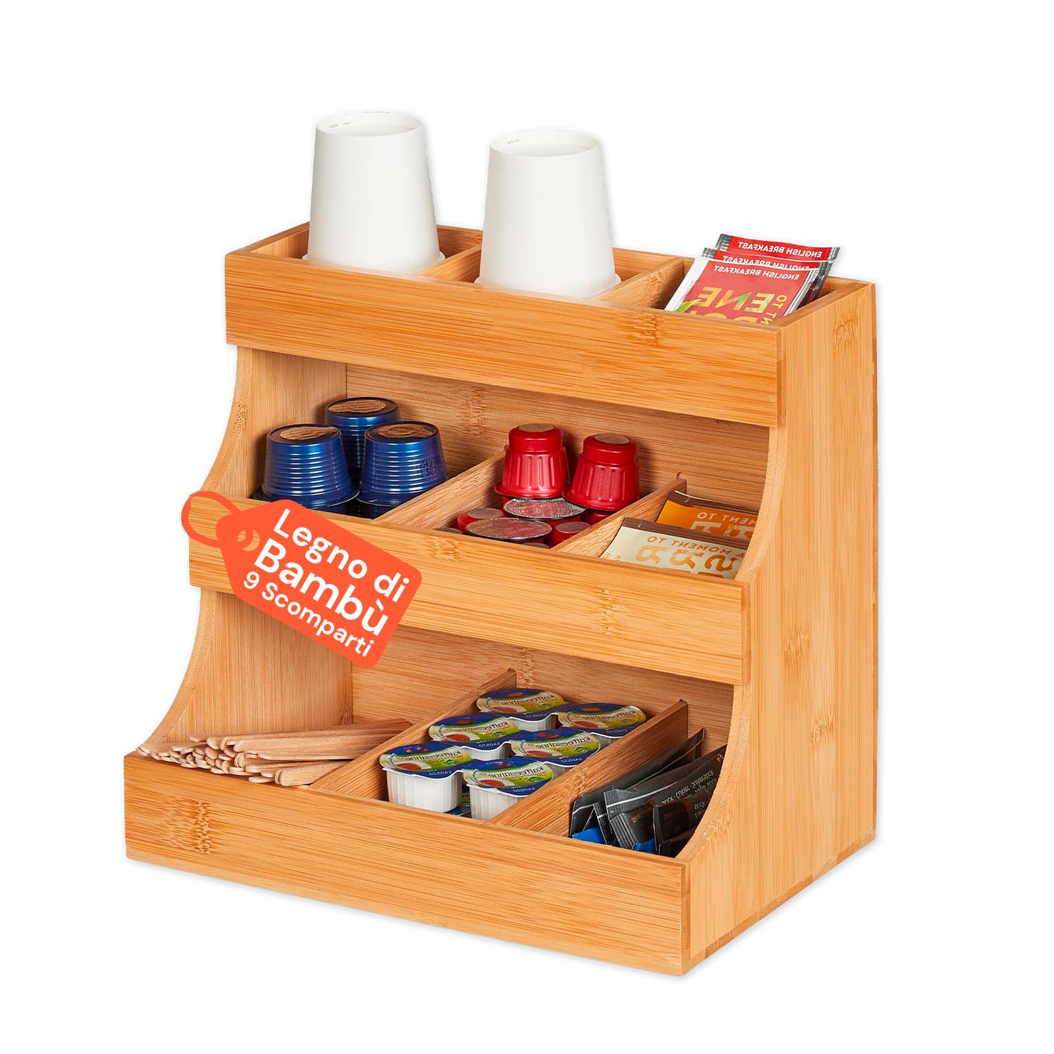 Avilia Organizer in Bambù con 9 Scomparti – Porta Capsule Caffè e Portacialde, Alzatina Cucina Salvaspazio per Bustine Tè, Tisane e Zucchero – Contenitore Multiuso per Cucina, Ufficio e Bagno