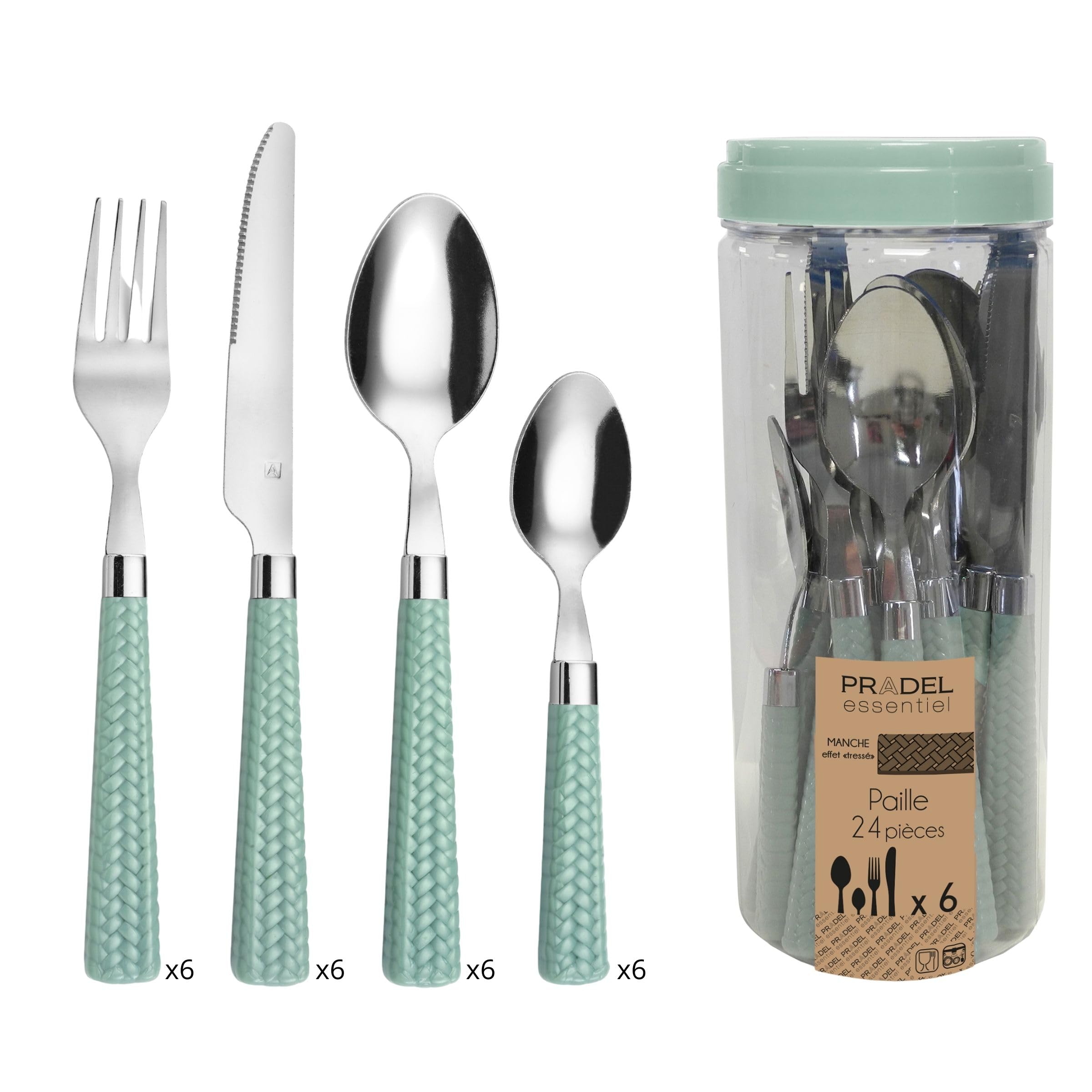 Amefa PAILLE Besteckset 24-teilig | Besteck Set für 6 Personen | Edelstahl Besteck Spülmaschinenfest | Besteck Bunte Griffe in Pastell Grün | Essbesteck