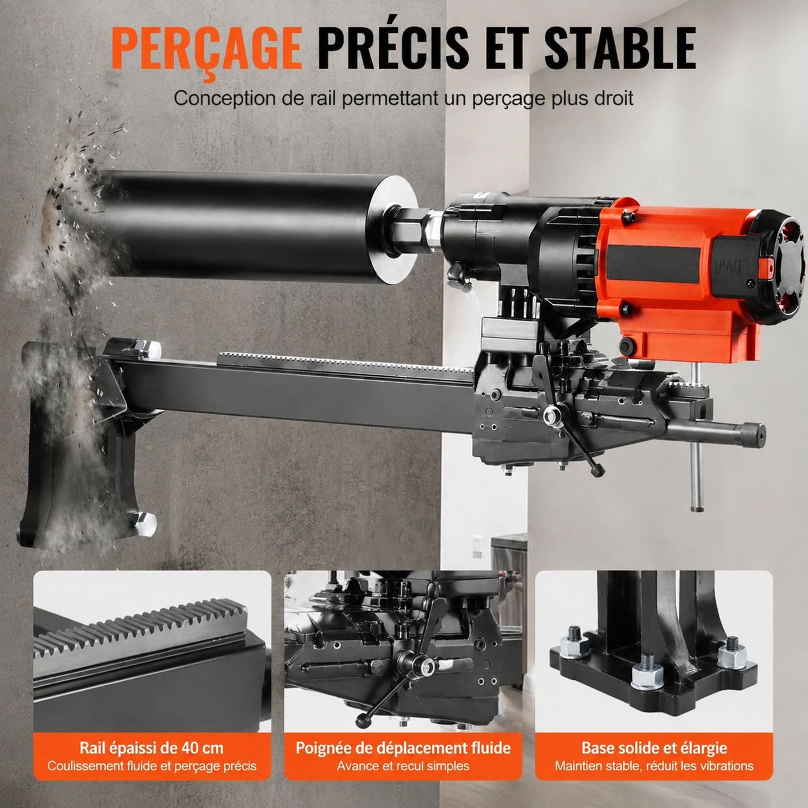 Carotteuse diamant avec support, moteur 2500 W, perçage humide et sec pour béton armé, marbre et travaux de construction
