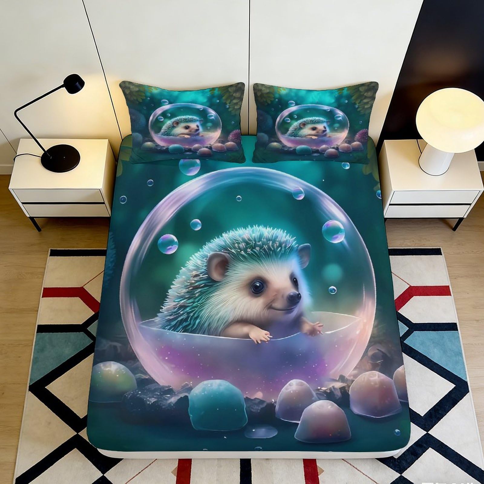 3D Printed Hedgehog Fantasy Fitted Sheet Microfiber Soft Breathable Bubble Dream Bed Cover for Bedroom Dorm Decor 90x200x25cm