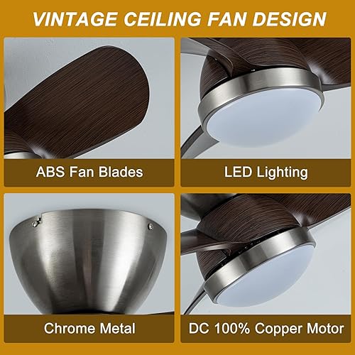 Miniatura 7 de Ventilador de techo LED con luces, ventilador de techo vintage de 24 pulgadas con control remoto regulable (3000 K-6000 K) 6 velocidades de viento,