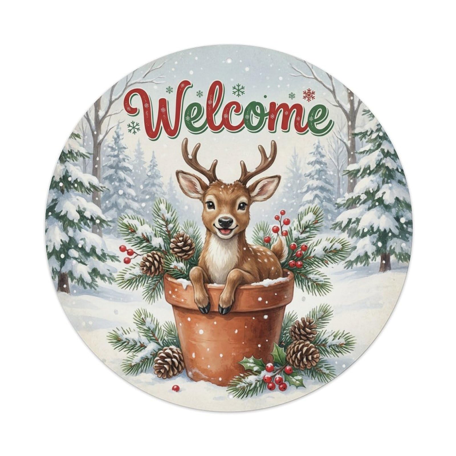 Metal Tin Sign Welcome Reindeer Snowy Pines