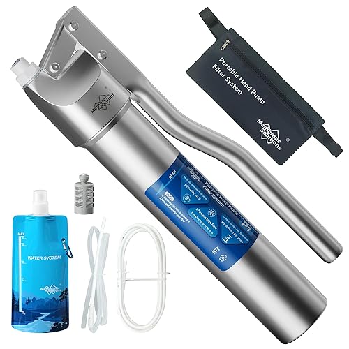 Membrane Solutions Filtro de agua portátil UF de acero inoxidable P1, sistema de filtro de bomba de mano desmontable de alta precisión de 0.01