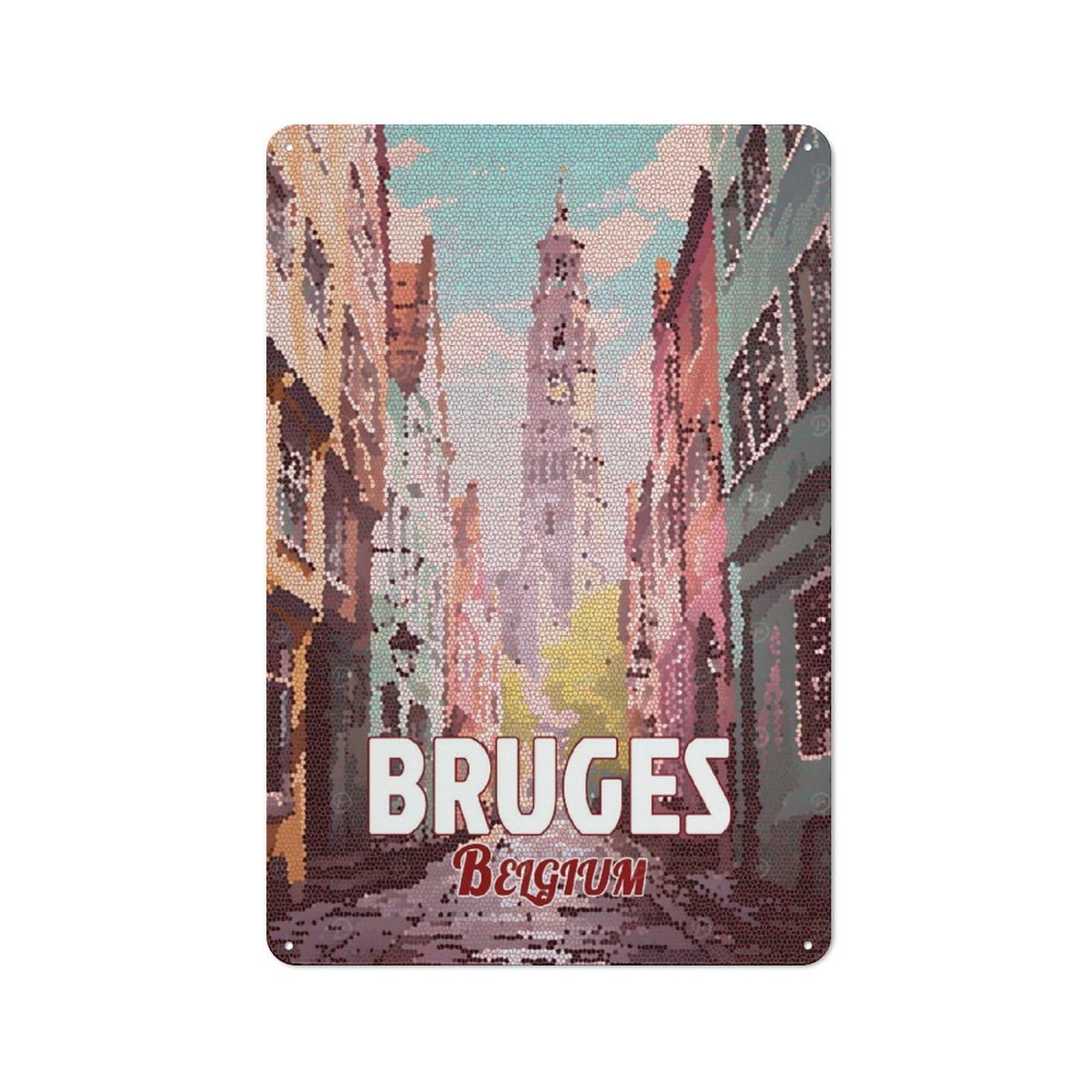 Junmoney Style-23 Bruges Belgium Mosaic Art Metal Print Cafe Metal Sign 30X20cm, Bistro Style Bistro Wall Plaque For Coffee Bar, Small Shop Or Dining Room