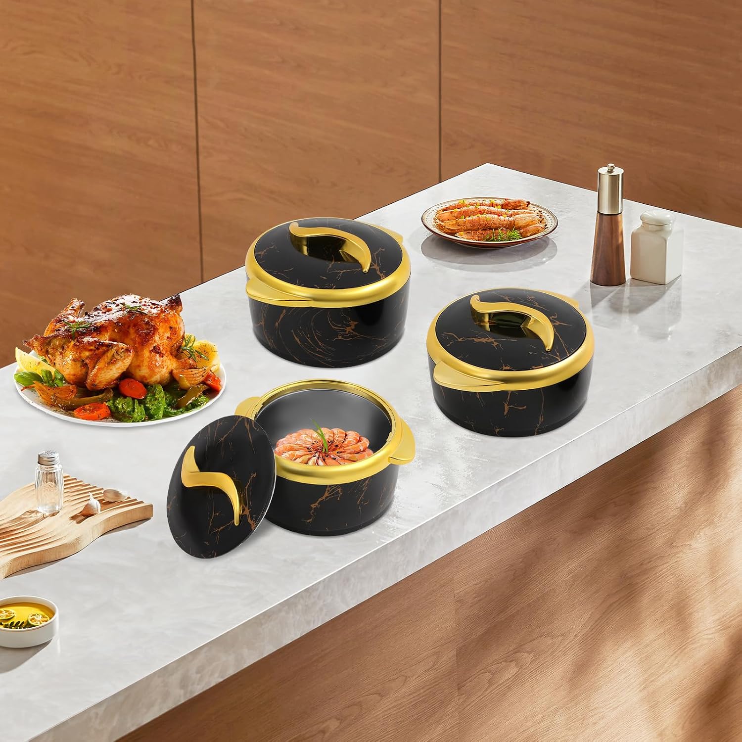 Eapmic 3-Piece Thermal Dish Set with Lids, Insulated Serving Bowls for Hot & Cold Food, 0.66/0.53/0.4 Gal Hot Food Container Set for Buffets, Parties, Home Kitchen Use (Black)
