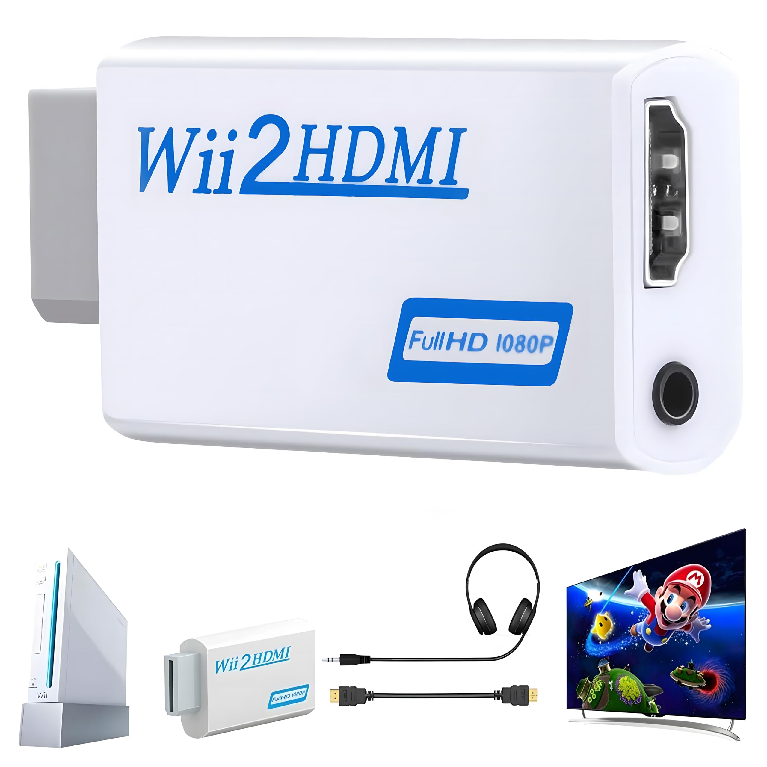 Wii to HDMI Converter, Wii to HDMI Adapter with 1080P/720P HD Output Video & 3.5mm Jack Audio Converter Adapter, Supports All Wii Display Modes (Withe), WII2HD