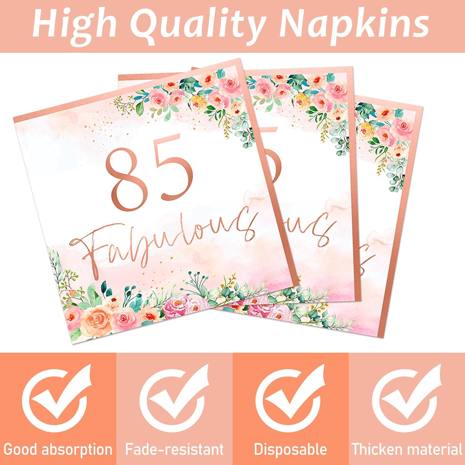 96Pcs Floral 85 Fabulous Party Supplies 85th Birthday Paper Plates Napkins Rose Gold Party Decorations 85 Years Dinnerware Party Favor Women 85th Tableware Serves 24