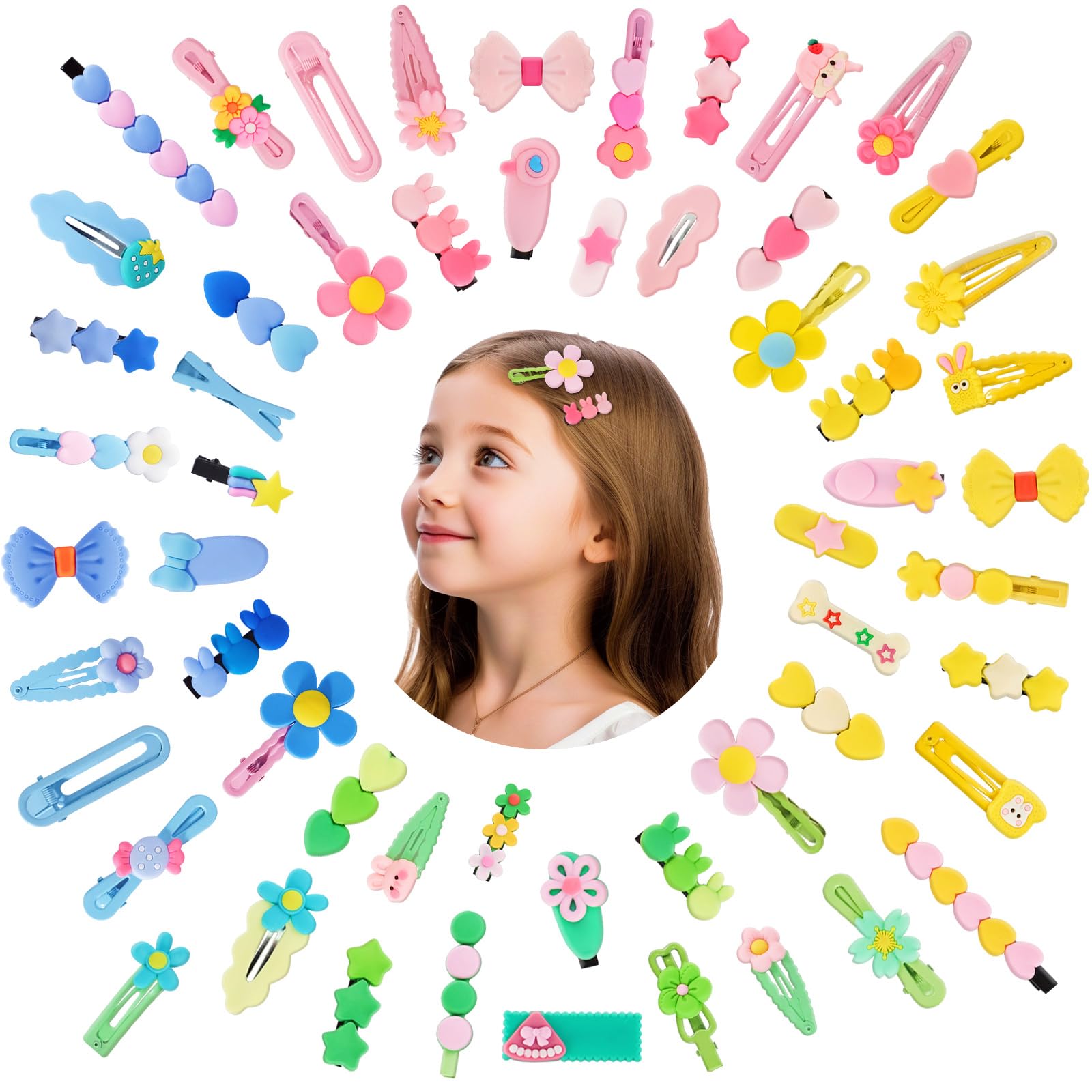 SAOROPEB 56 Pcs Hair Clips for Girls Toddler Hair Clips Cute Hair Accessories for Kids Candy Color Cartoon Design for Little Girls - Green Blue Yellow