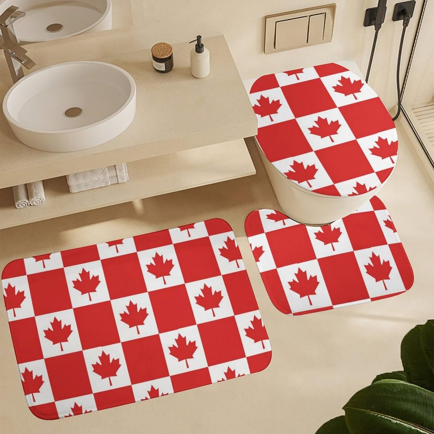 Canadian Flag Canada Leaf Modern Bathroom Sets with Shower Curtain and Rugs Decor 4 Pcs with 12 Hooks