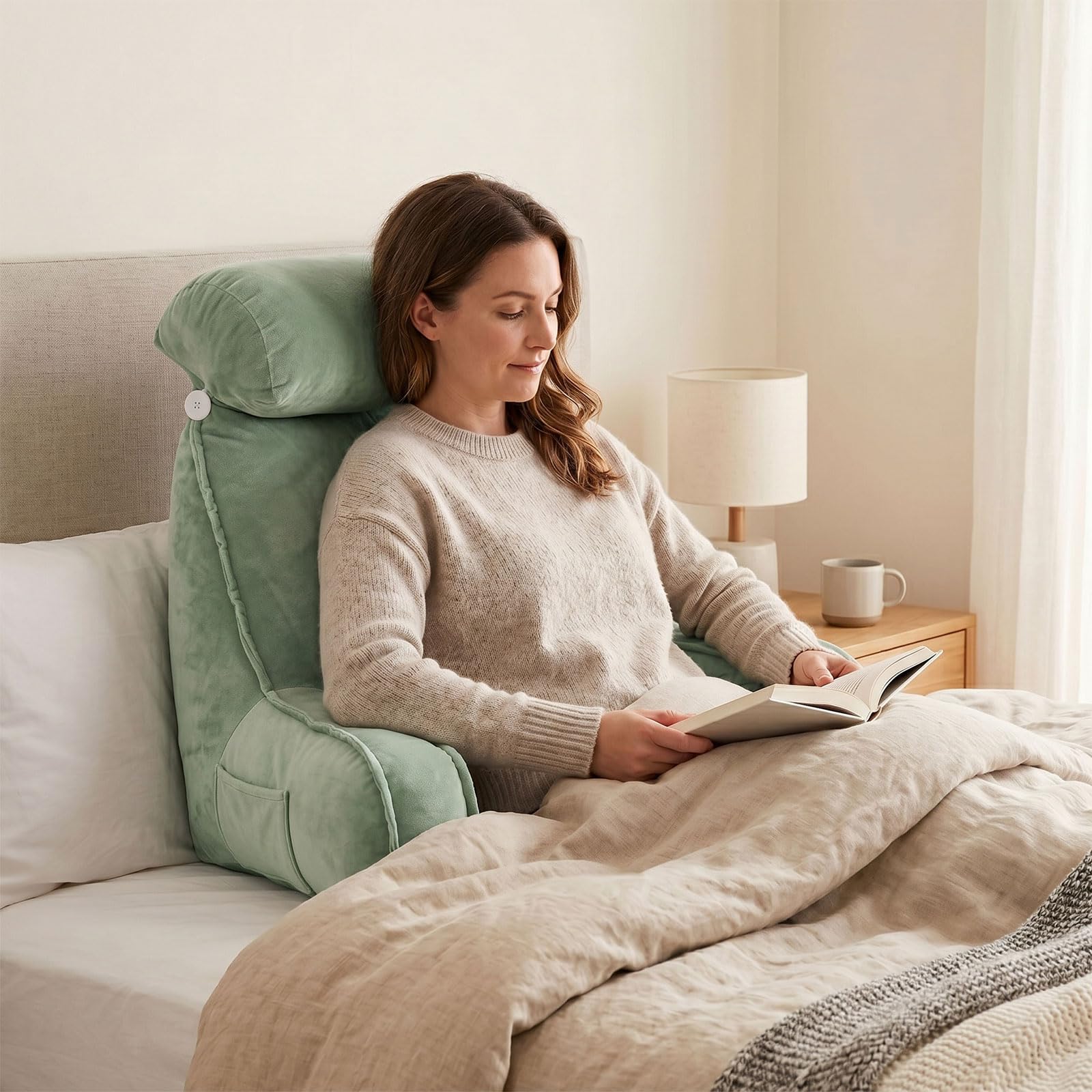 Lesekissen für Bett und Sofa Ergonomisch mit Nackenrolle - Rückenkissen Bett Groß mit Memory Schaum - Rückenstützkissen mit Taschen - Lesekissen für Lesen Entspannen Sofa (Grün)