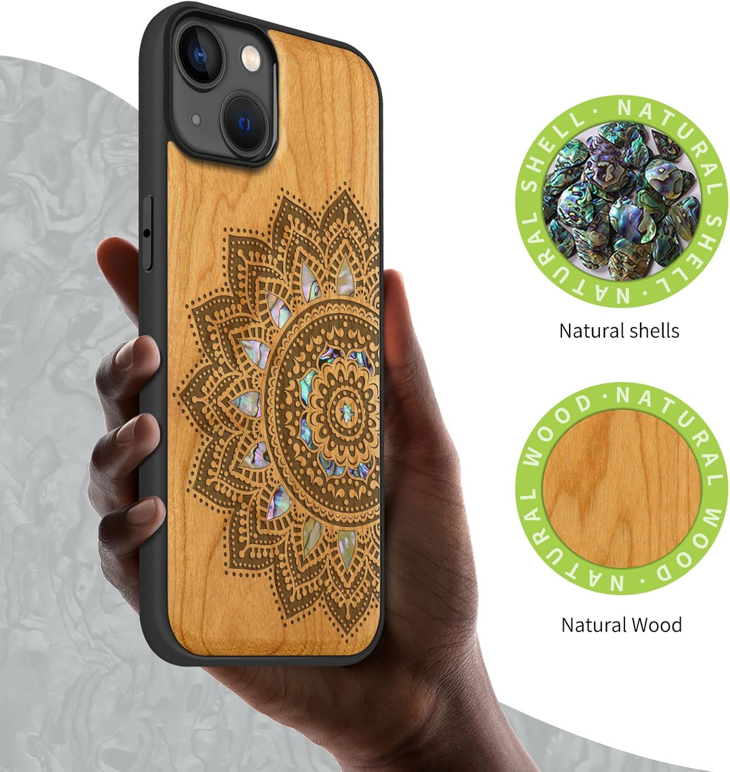 Carveit Wooden Case for iPhone 15 Plus Magnetic Case, Compatible with MagSafe Wireless Chargers, Shockproof Cover, Handmade Shell Inlaid & Wood Artisan Engraved (Mandala Art) Cherry