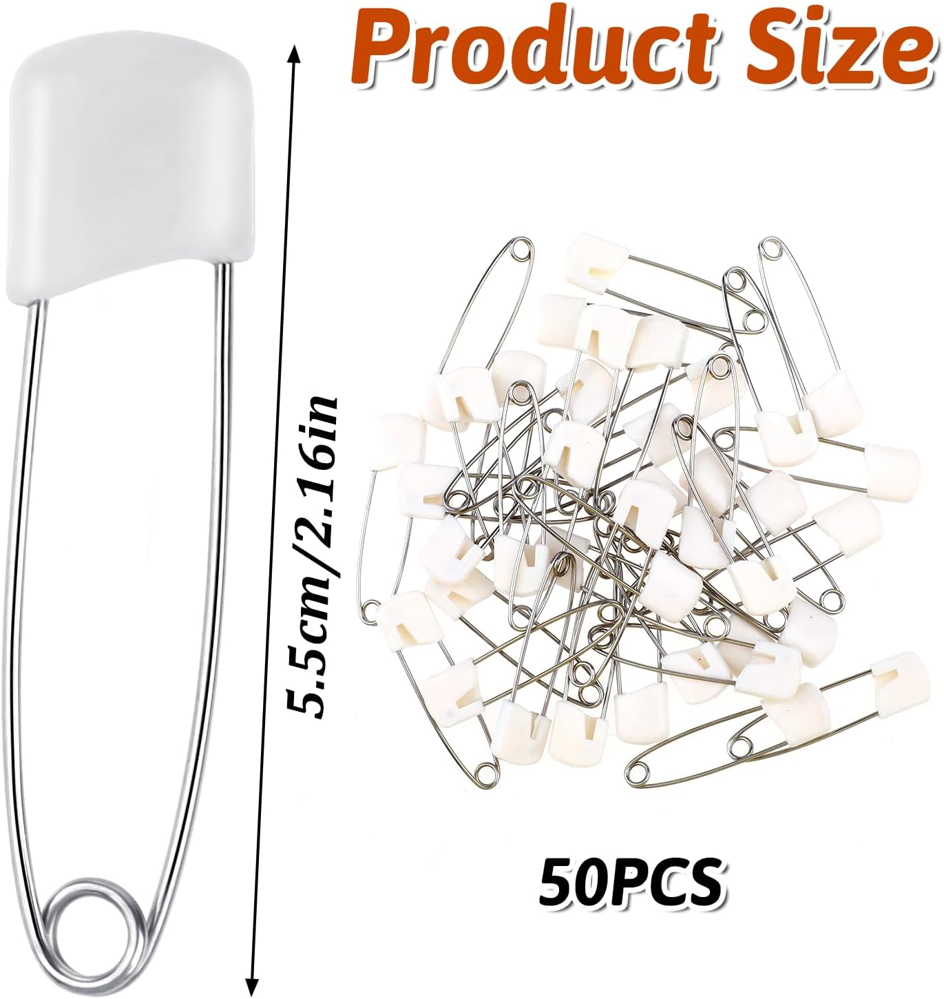 50 Pcs Diaper Pins, 2.2 Inch Plastic Head Safety Pin with Safe Locking Closures, Cloth Diaper Nappy Pins with Locking Closures Stainless Steel