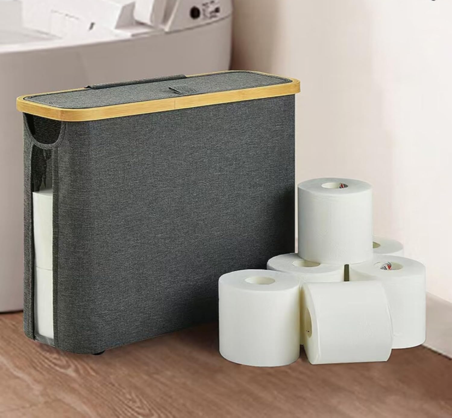 Toilet Paper Storage Basket With Lid, Collapsible Holder, Bin With Side Window, Holds up to 12 Mega Rolls, Organizer for Bathroom (Beige)
