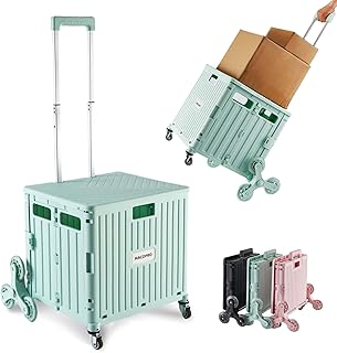 Foldable Utility Cart with Stair Climbing Wheels, Collapsible Rolling Crate with Telescoping Handle, Shopping Trolle Handcart Grocery Book File Tool Art Supplies Teacher Storage Basket(Green)