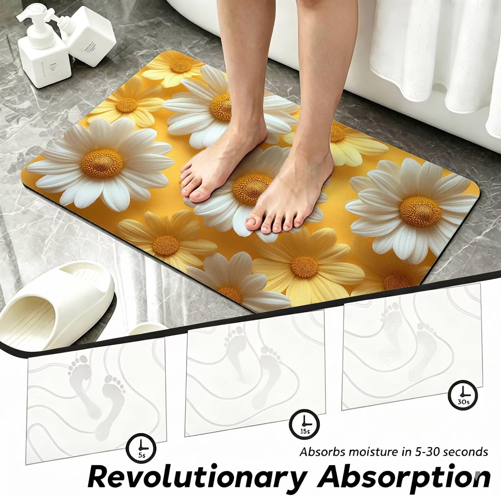 Alfombra Diatomita Baño 60 x 90 cm, Blanco Alfombra Bañera Antideslizante, Ducha Secado Rapido Alfombrilla Baño, Alfombrilla de Baños Lavable, Fácil de Limpiar, para Ducha, Bañera Margarita O-6506