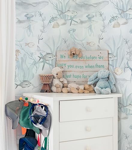 Miniatura 2 de Papel tapiz para despegar y pegar, papel tapiz azul aguamarina, arrecife de coral, peces marinos, papel tapiz costero, papel tapiz extraíble para