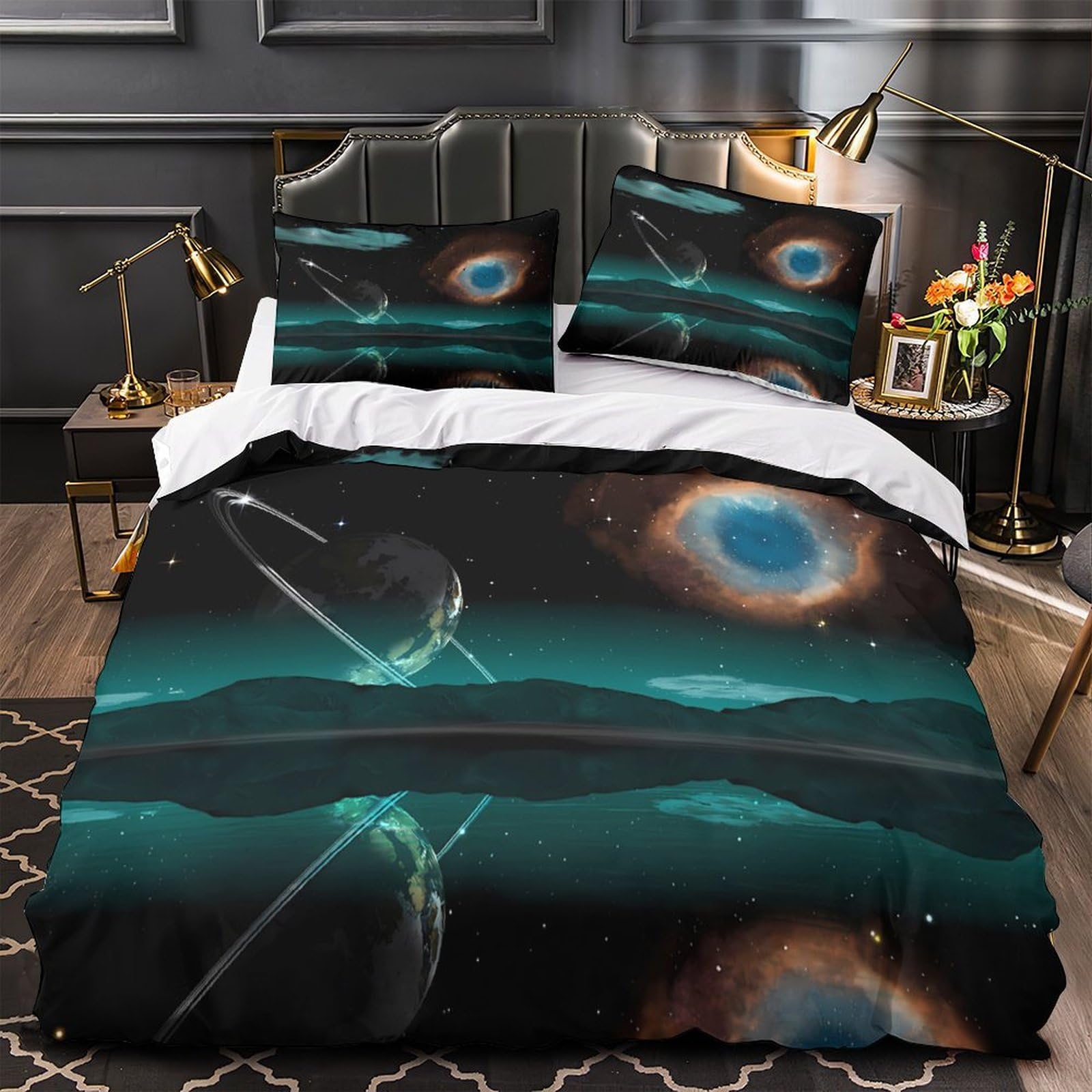 Space Planet Rings Comforter Cover 3D Print Super Soft 3-Piece Bed Set Hidden Zipper cosmic Nebula Quilt Cover Hotel Quality Breathable for Adults Women Kids Girls Boys Teens Super king（260x220cm）