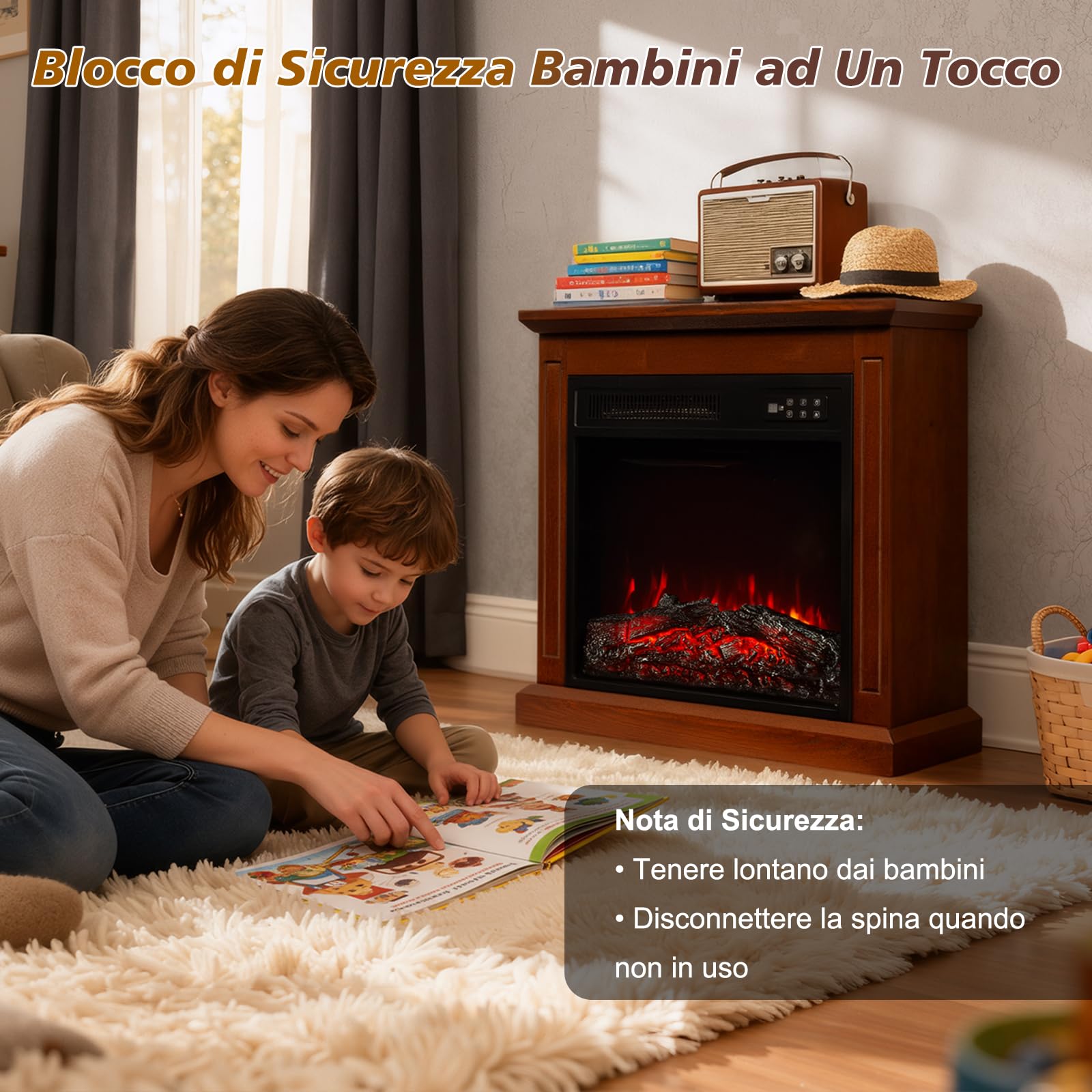 18" Caminetto Elettrico, 900W/1800W Camino Elettrico, 7 Colori di Fiamma 3D, Telecomando, Protezione Surriscaldamento, Timer, incluido Cornice