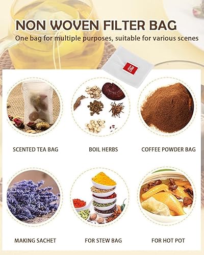 Miniatura 3 de Bolsa de filtro de té, 100 bolsas de filtro de té vacías de nailon, con cordón para el hogar, hojas sueltas, té, café, especias, hierbas