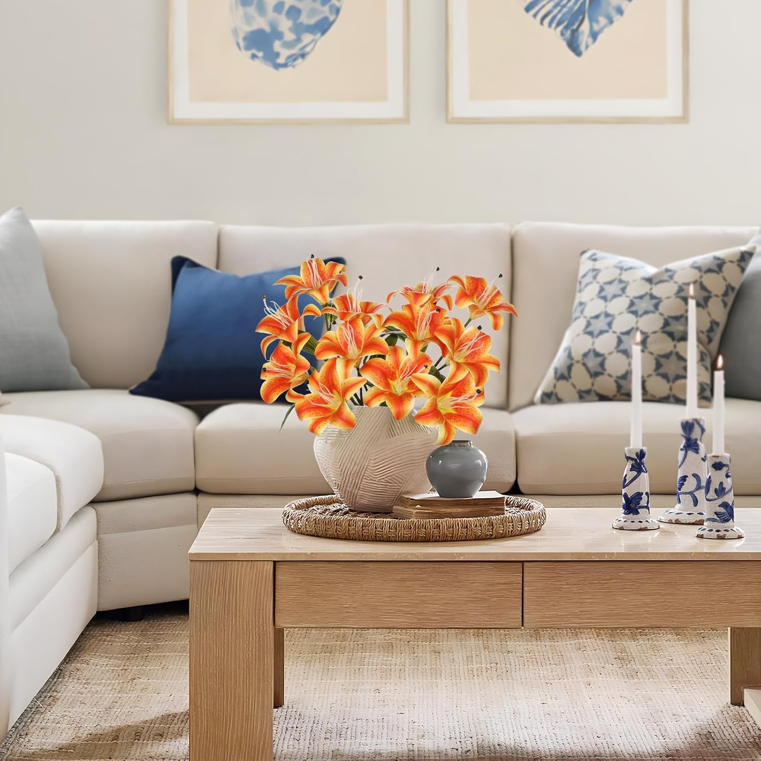 Hollyone 6 Heads Orange Artifical Lily Flowers 2Pcs Fake Fall Flowers Artificial for Decoration Faux Stargazer Lilies Flowers Bush Arrangement Bouquets Lily Stem for Indoor Outdoor Home Fall Decor - Image 5