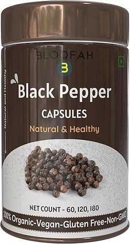 Cápsulas de bioperina orgánica (pimienta negra) - 20 mg, 120 unidades Mejora la absorción de curcumina, sin OMG, sin gluten, veganas Maximiza tu