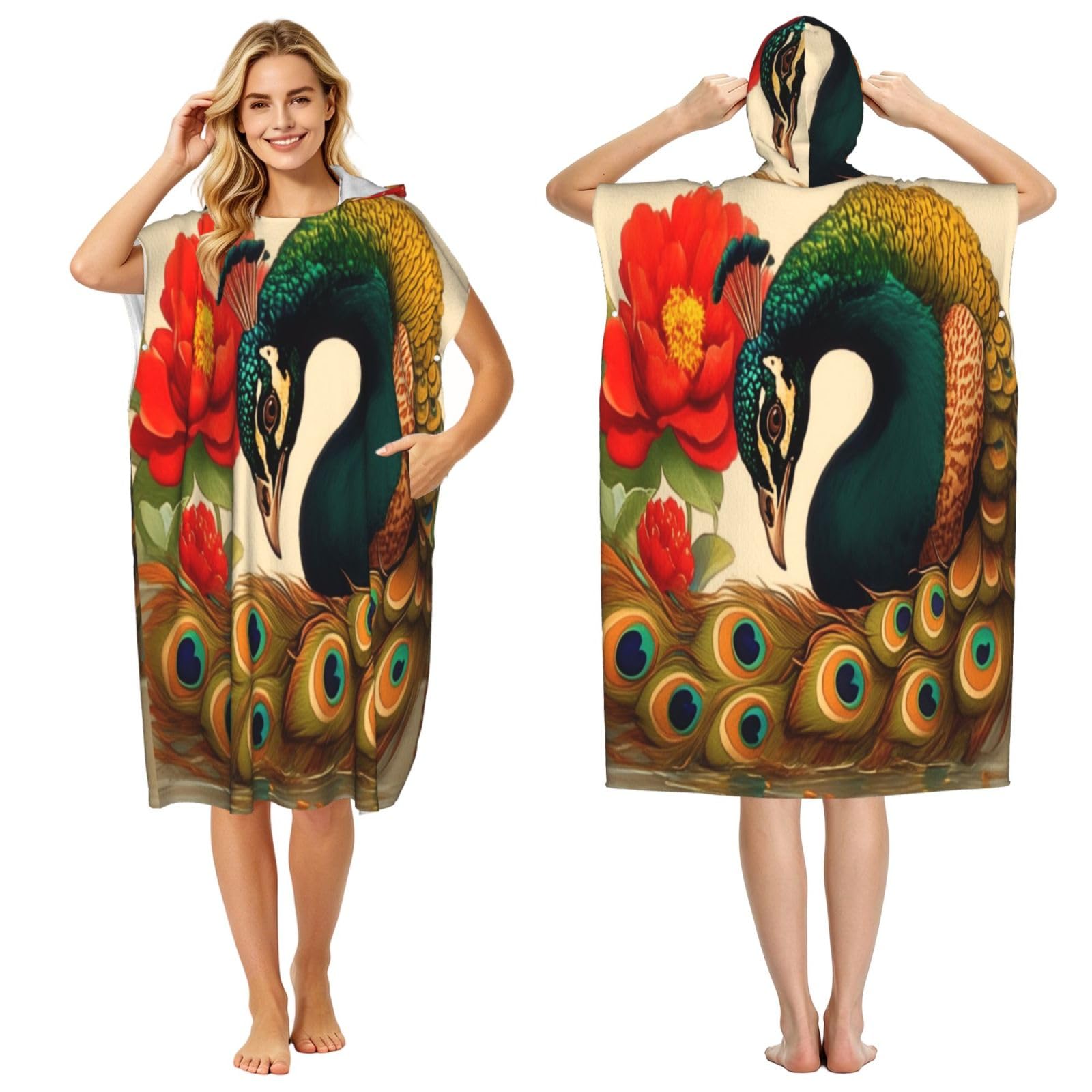 DTHKJNLSF Beautiful Peacock Adult Hooded Beach Poncho Towel