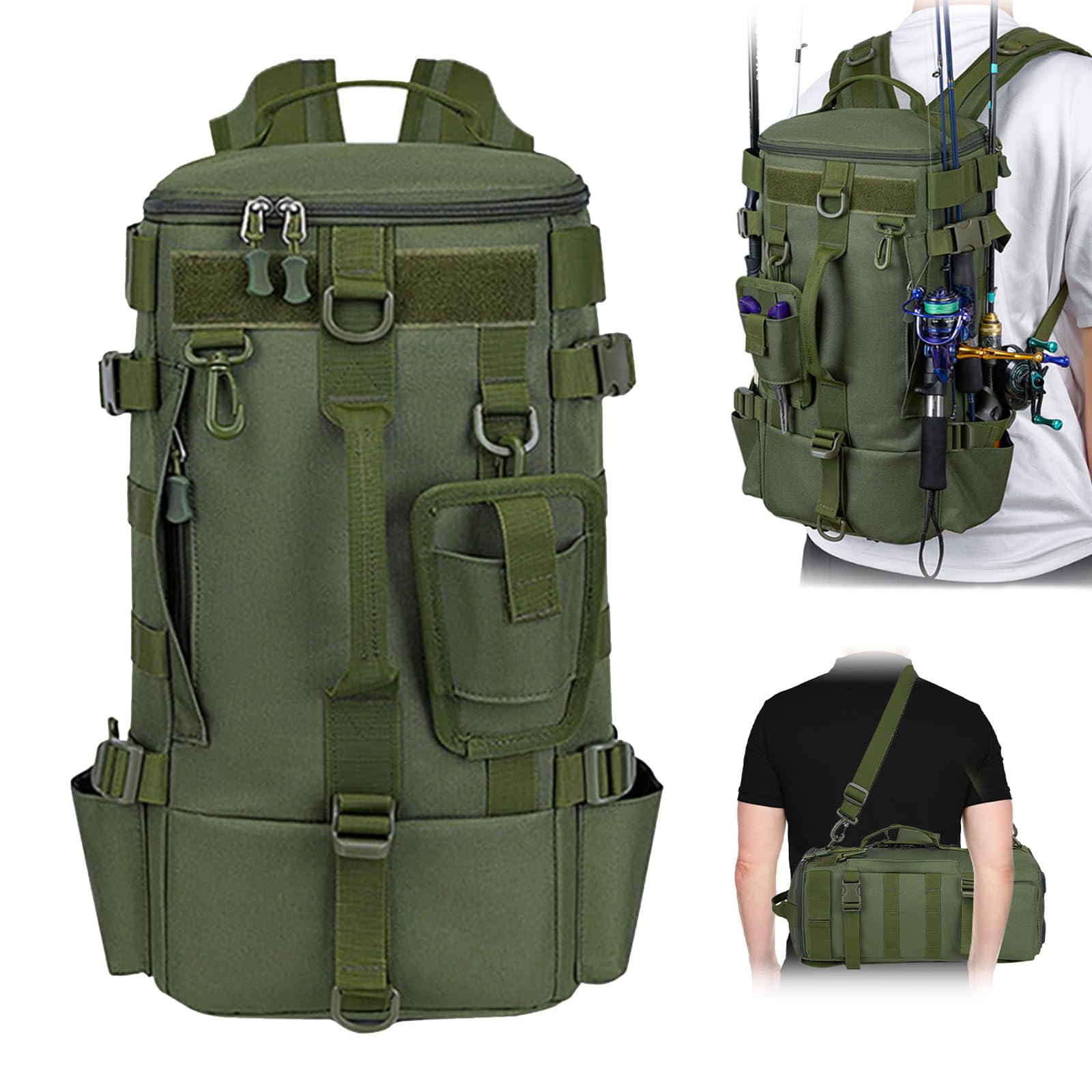 MeYuxg Angelrucksack mit Rutenhalter,Angelrucksack aus Oxford-Gewebe mit Rutenhalter,Multifunktionaler Freizeit-Angelrucksack,Umhängetasche für Angelausrüstung zum Campen,Wandern und Radfahren(Grün)