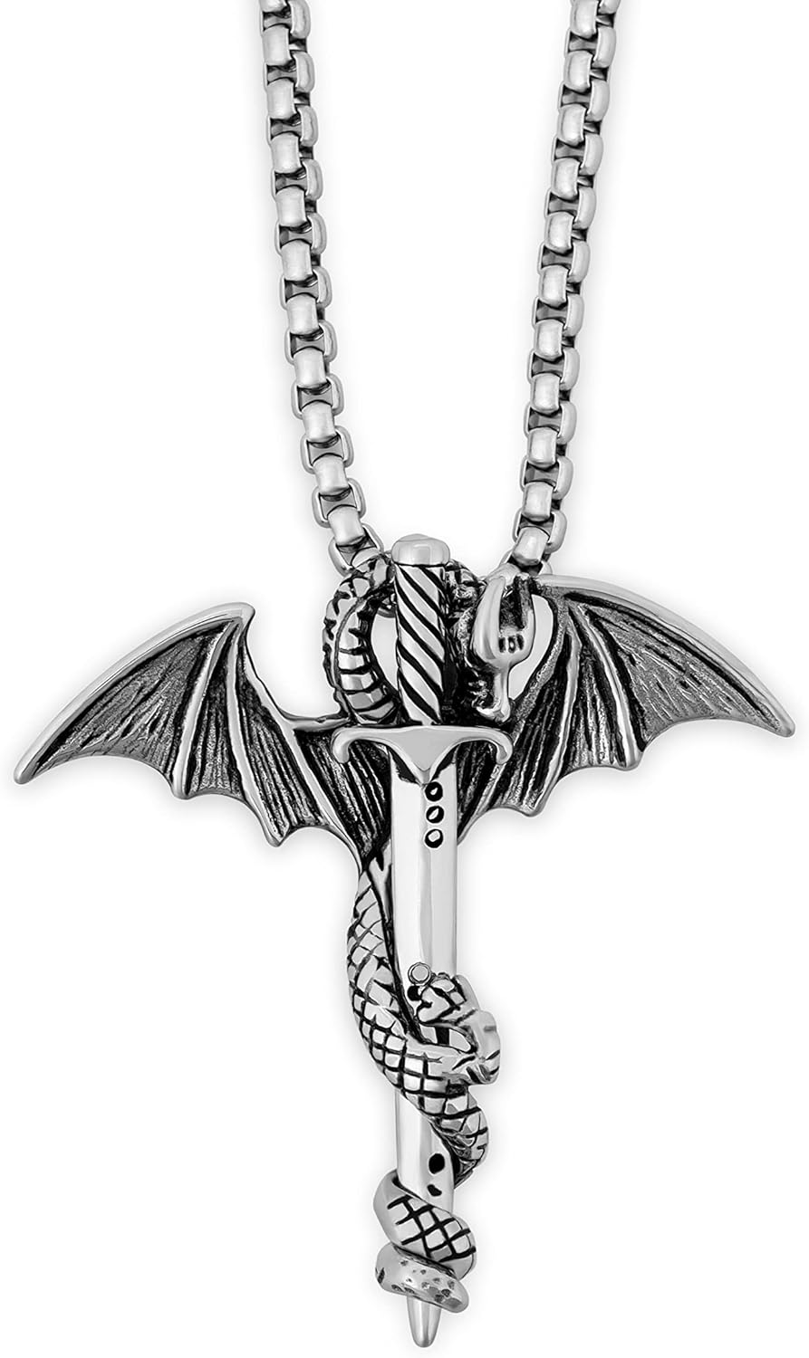 HAQUIL Silver Plated Stainless Steel Vintage Punk Rock Dragon Sword Pendant Animal Gothic Necklace for Mens Perfect Dragon Gifts for Men