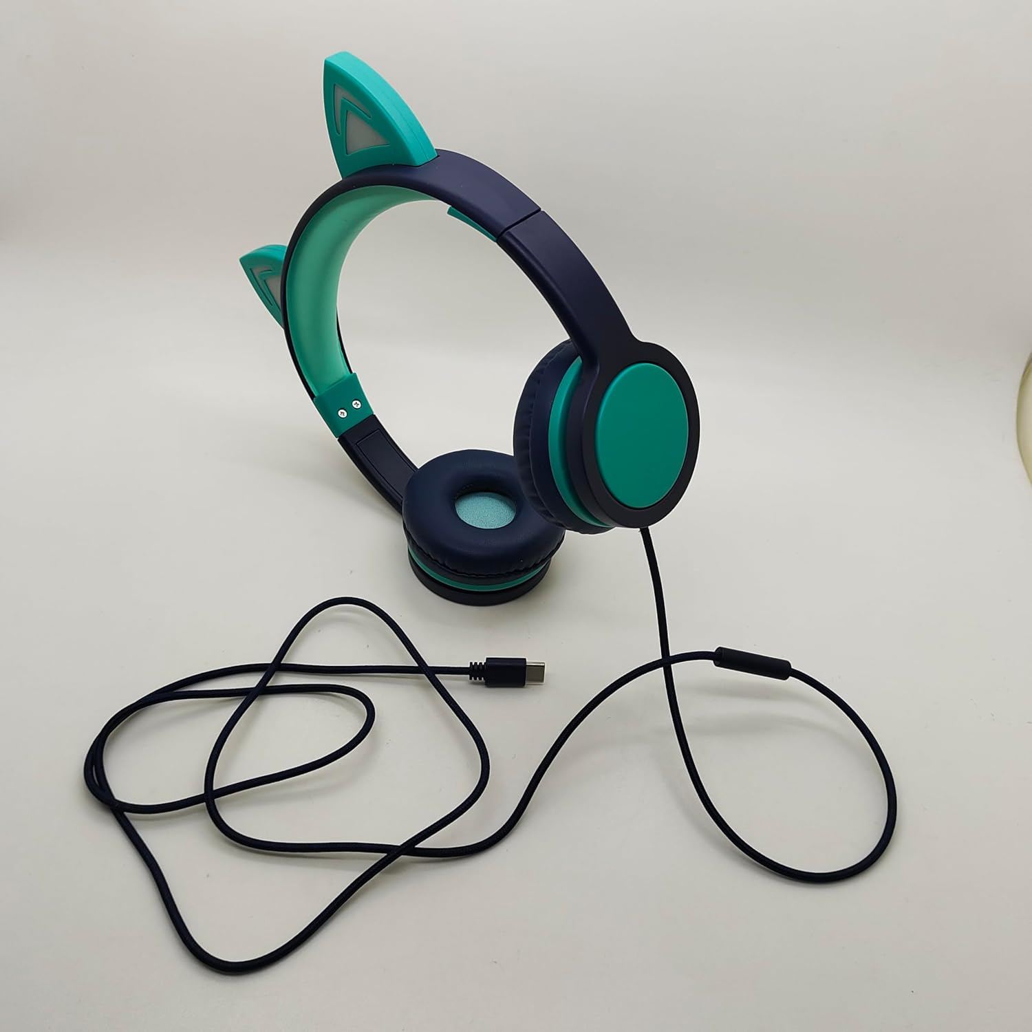 Cat Ear Kids Headphones with USB-C LED Lights, Navy Blue and Teal, Wired Over-Ear Headset with Microphone Type-C Plug