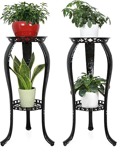 Ufine Soporte de metal de 2 niveles para plantas para interiores y exteriores, soporte para macetas de hierro alto para porche de esquina, paquete