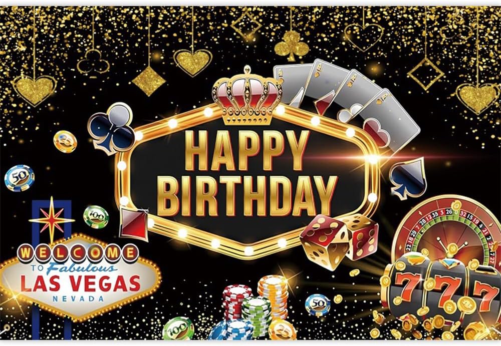 Casino Birthday Backdrop, 7x5ft (210x150cm), Vinyl, No Clips or Stand, Perfect for Birthday Parties