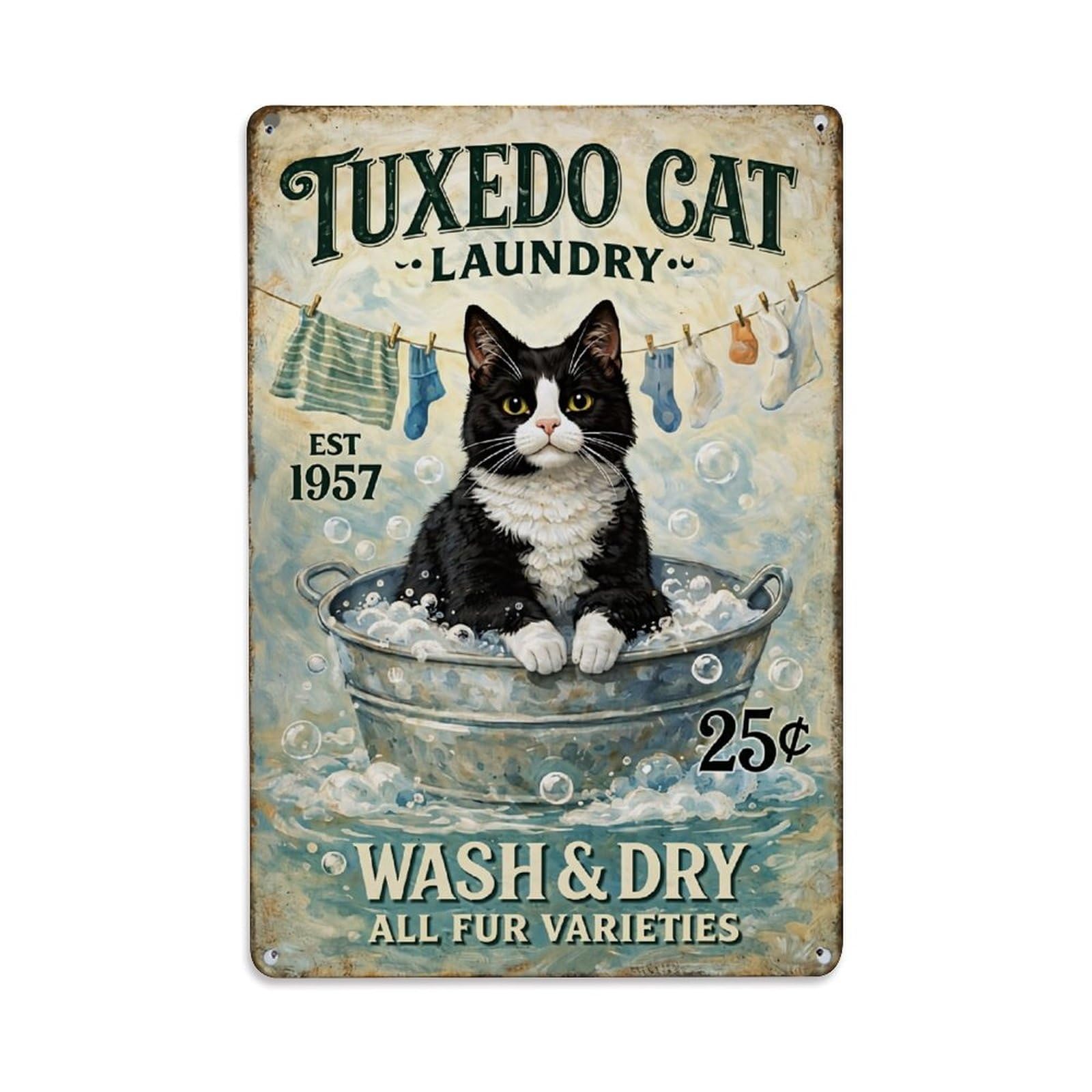 Jdfenggu Vintage Tuxedo Cat Laundry Sign Retro Metal Tin Sign, Metal Poster For Bar, Home, Man Cave, Kitchen, Laundry Room Art Decor 8X12 Inch