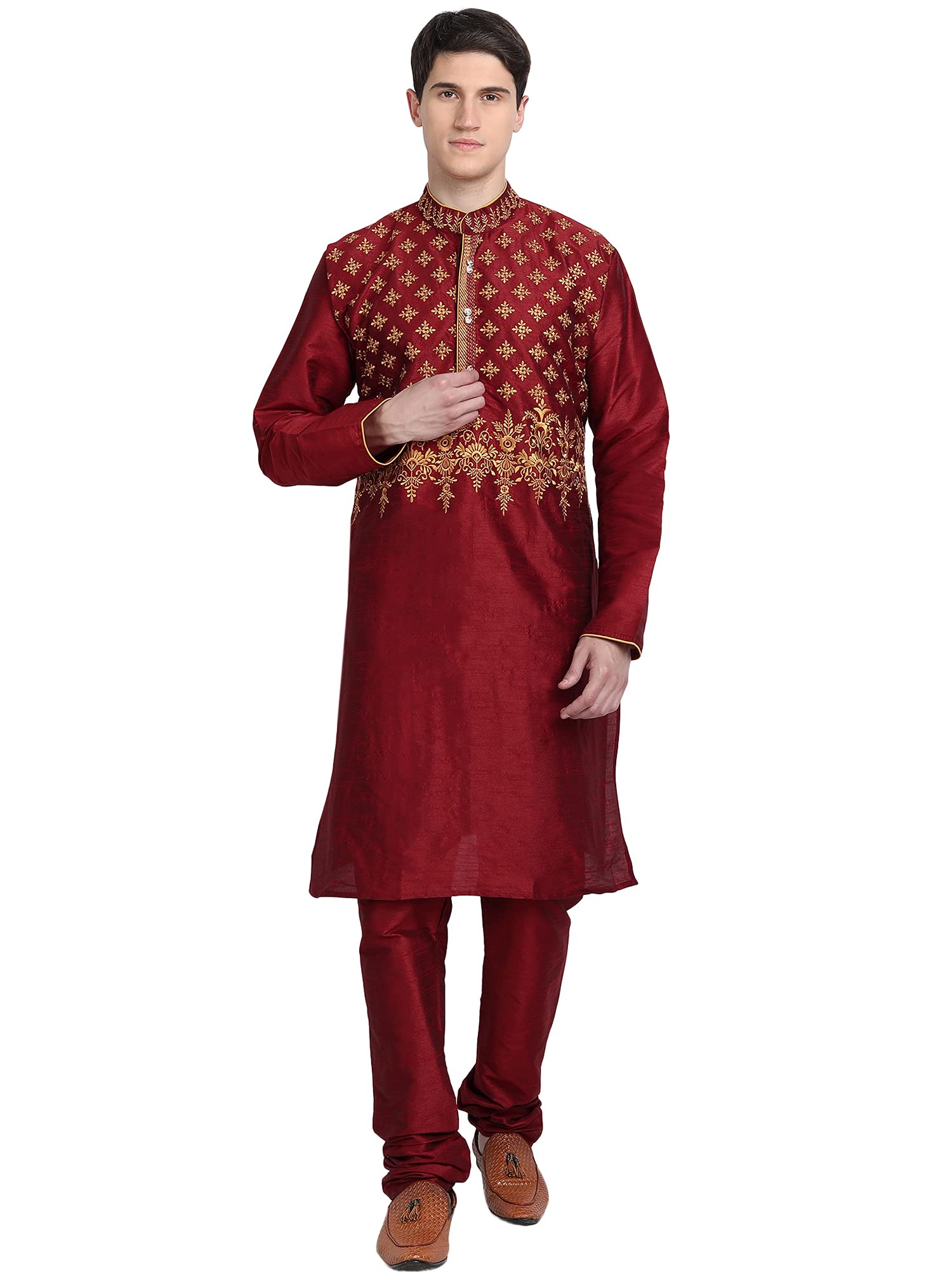 SKAVIJ Men’s Embroidered Art Silk Long Kurta Pajama Set - Eid &amp; Ramadan Traditional Festive Wear