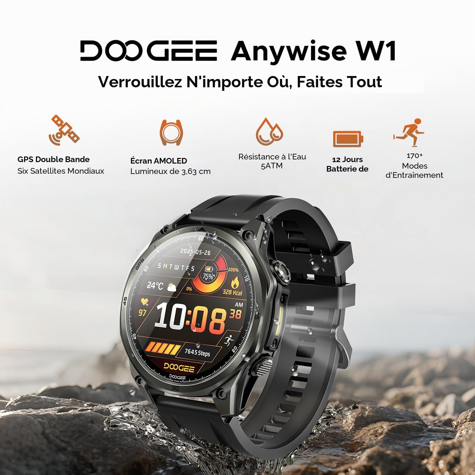Anywise W1 AI Montre Connectée Homme, 5ATM Dual-Band GPS Tactical Watch,1,43'' AMOLED Screen, 170+ Modes Sport, Appel Bluetooth,18 Days Battery,LED Flashlight,Compass,pour Android/iOS,3 Strap