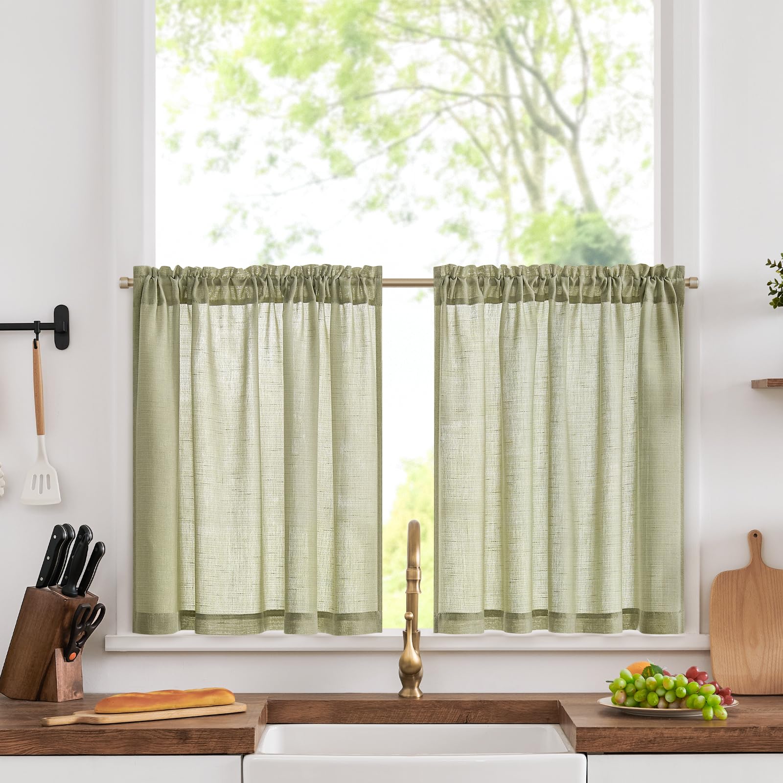 TOPICK Sage Green Cafe Curtains for Kitchen, Linen Look Rod Pocket, W36xL24