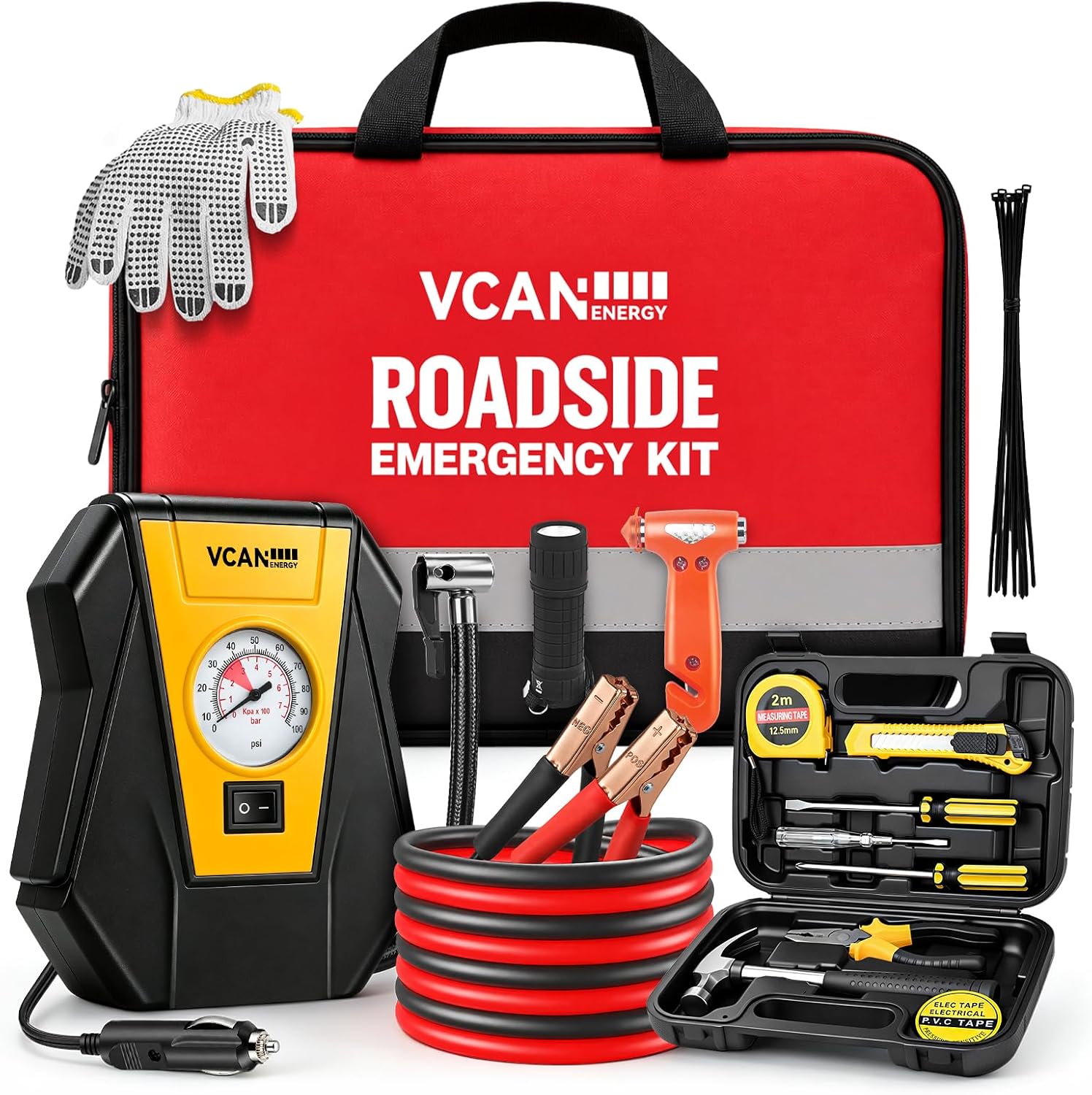 Car Emergency Safety Kit Bag with Portable Air Compressor for Vehicles