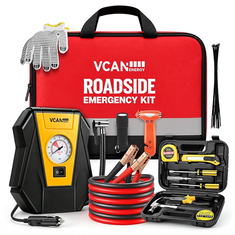 Kit de Emergência Automotiva VCANENERGY com Compressor de Ar Portátil 12 V, Cabos de Transferência e Ferramentas, Vermelho