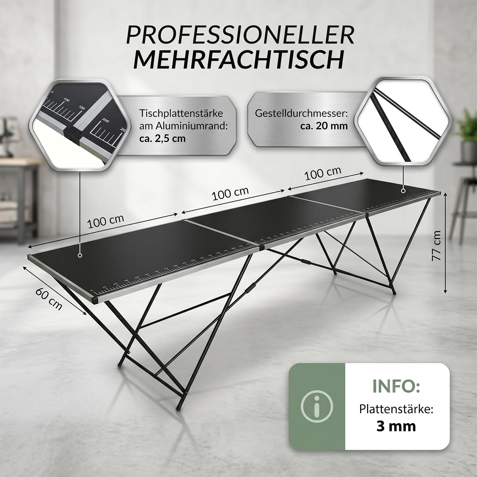 TRUTZHOLM Tapeziertisch klappbar aus Aluminium 300x60 cm | Mehrzwecktisch mit praktischer Messsskala | bis 30kg belastbar, stabile 3mm Dicke MDF-Platte