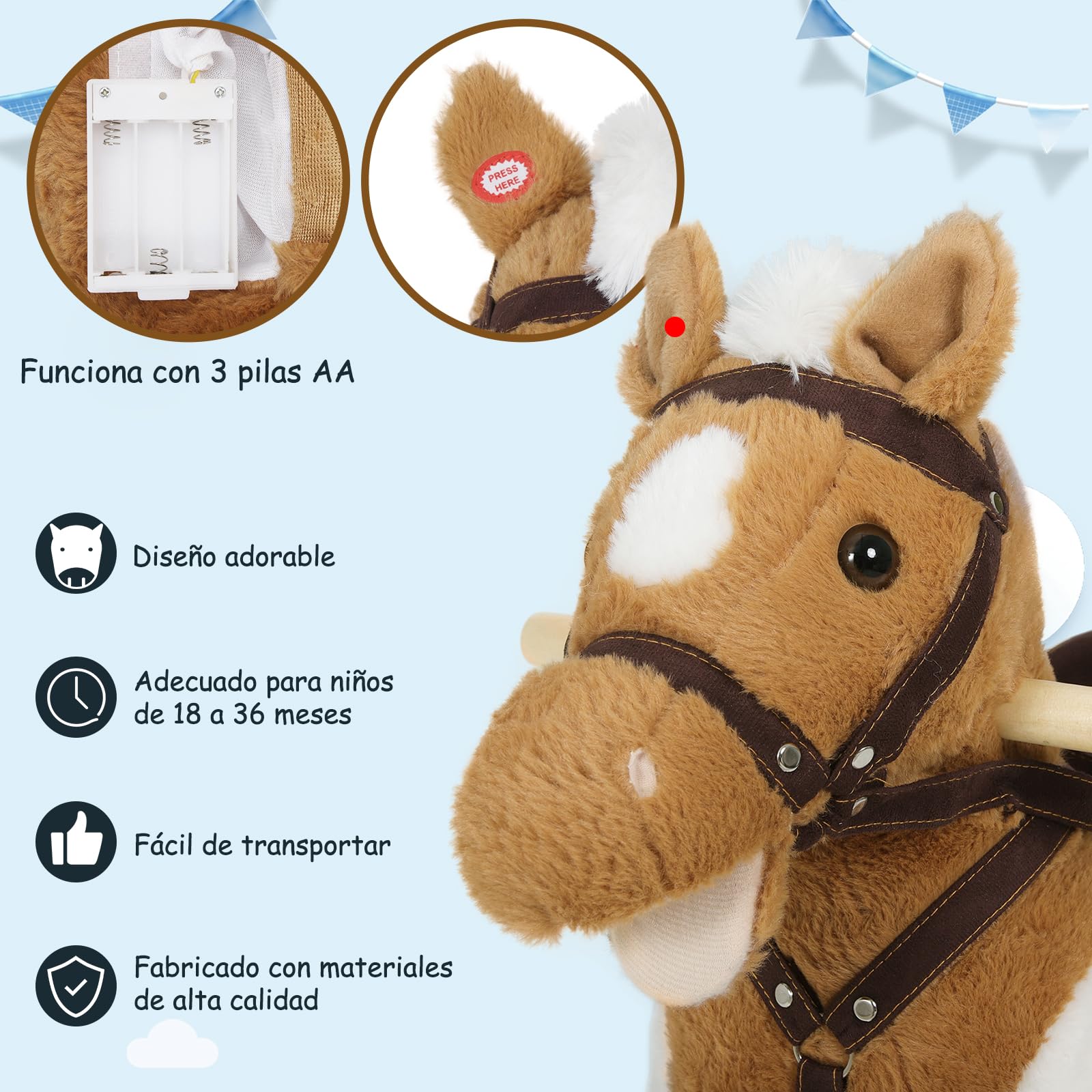 WOLTU Caballito Balancín para Bebés y Niños de 1-3 Años, Caballo de Peluche con Sonidos, Cola y Boca Móviles, con Asas y Pedales, 74x34x65 cm