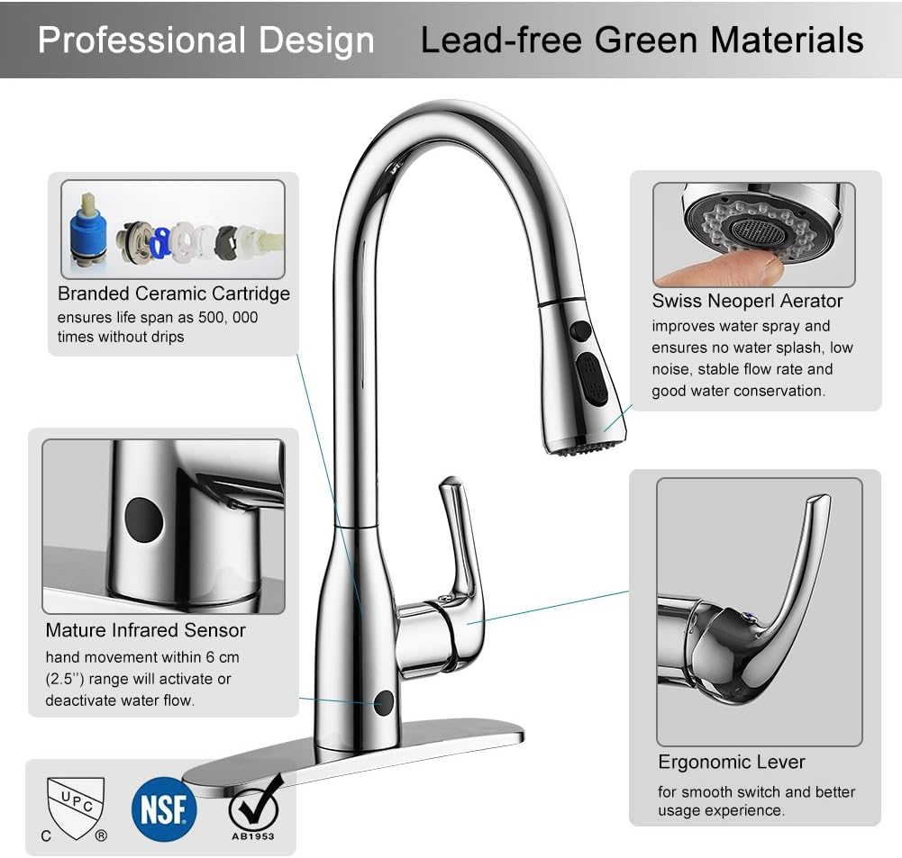 badiJum Kitchen Faucet Touchless with Pull Out Sprayer Chrome One-Handle High Arc Kitchen Faucets Set