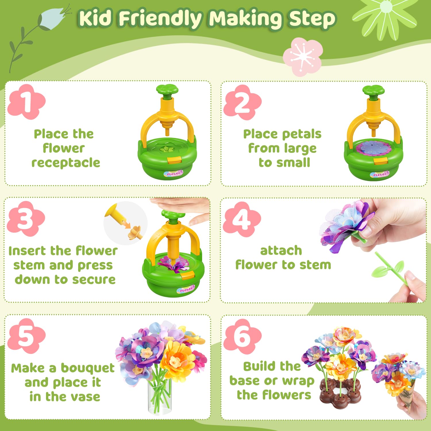 TingingYuli Set di artigianato per bambini dai 4 agli 8 anni, mazzi di fiori di stoffa fai da te, bouquet esclusivi per ragazze dai 3 ai 9 anni e regalo di compleanno (Green)