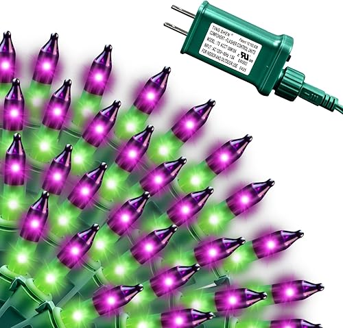 Luces de cadena navideñas mini de 100 unidades en morado y verde, con certificación UL, equipadas con 8 modos de iluminación, perfectas para patios,