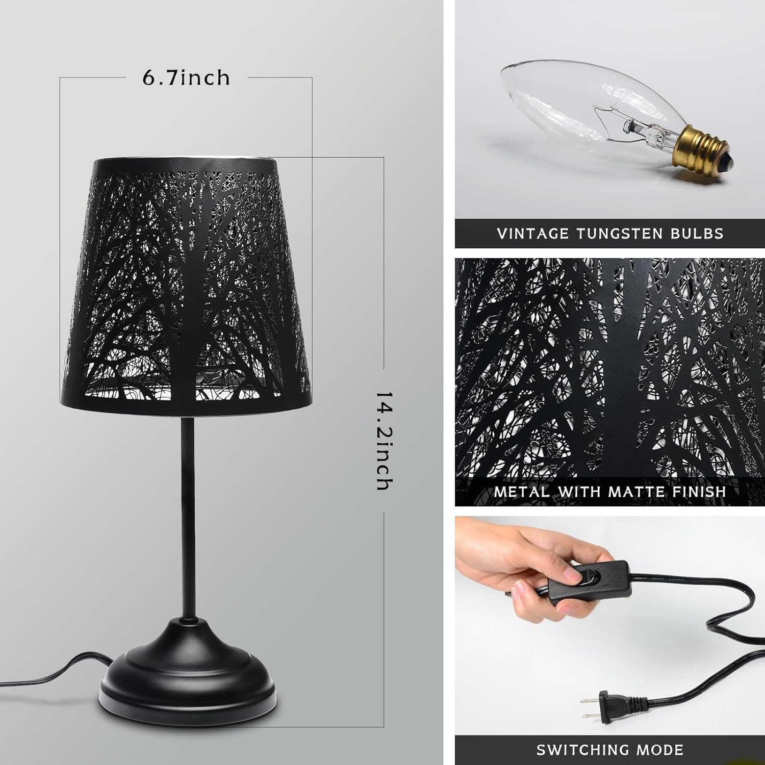 14.2" Forest Pattern Table Lamp, Modern Bedside Nightstand Light with Warm LED, Black Metal Shade, for Bedroom, Living Room, Office, Desk, Ambient Lighting