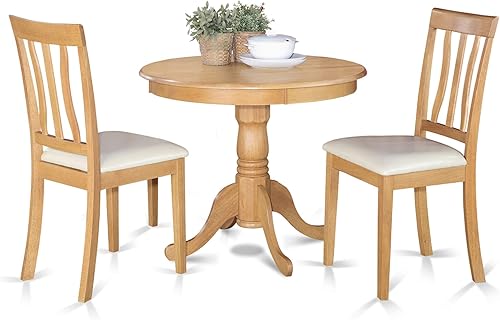 East West Furniture ANTI3-OAK-LC - Juego de cocina antiguo de 3 piezas para espacios pequeños que contiene una mesa redonda de comedor con pedestal